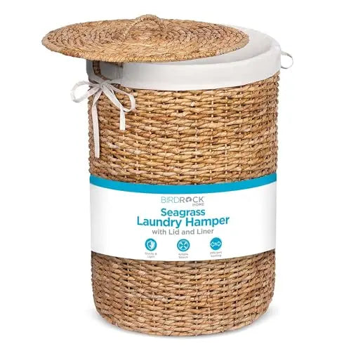 BIRDROCK HOME Seagrass Laundry Hamper with Lid & Liner - Handwoven Round Basket with Handles for Laundry/Dirty Clothes - Organizer, Storage, Shelves, Bin in Bathroom, Bedroom & Laundry Room - Natural 