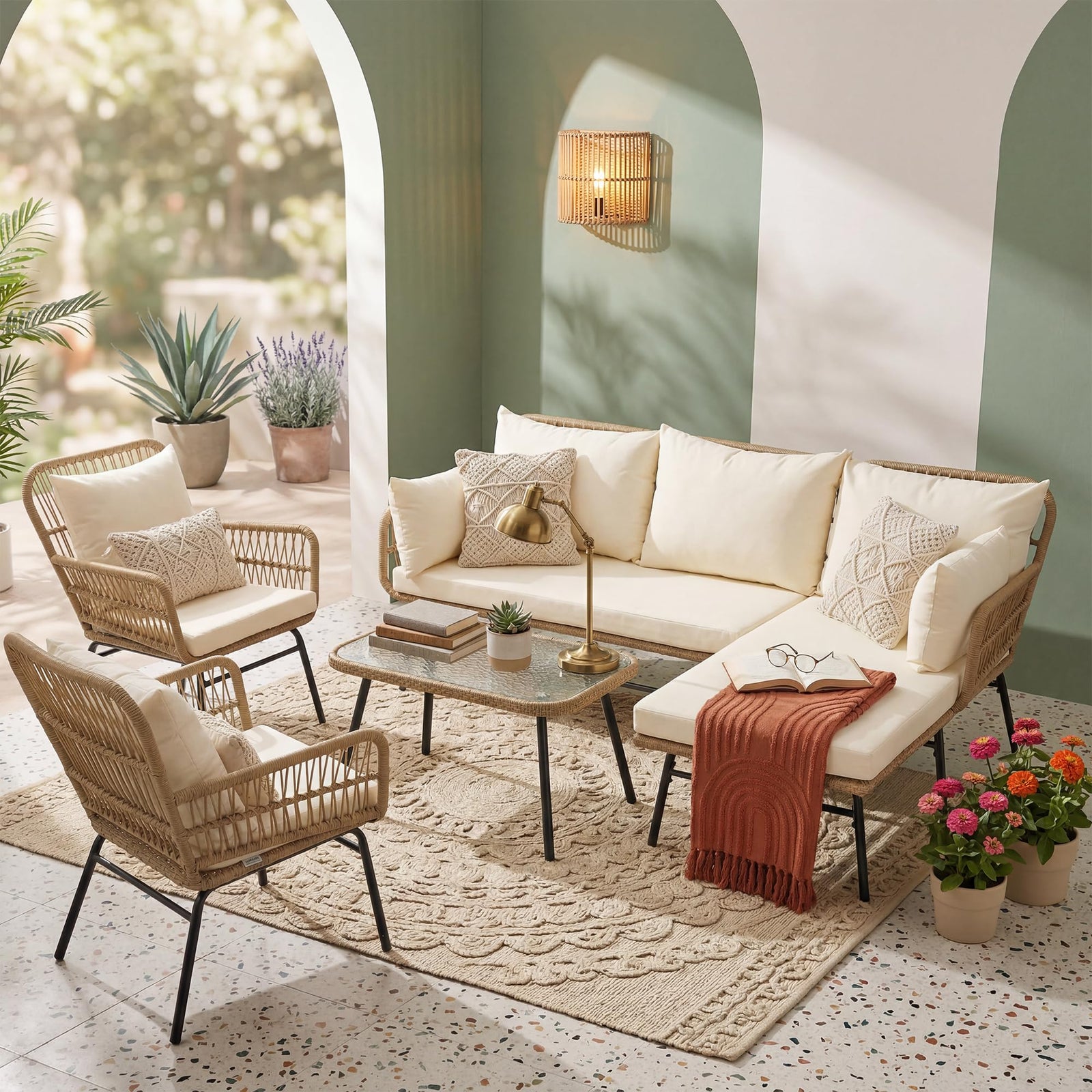 BULEXYARD 5 Pcs Boho Patio Furniture Set, Outdoor Wicker Sectional Sofa 