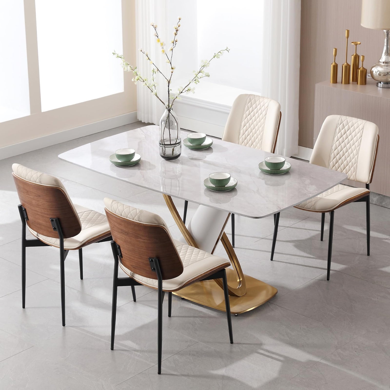 BV Dining Chairs Set of 4, Mid Century Modern PU Leather Metal Legs, Beige 