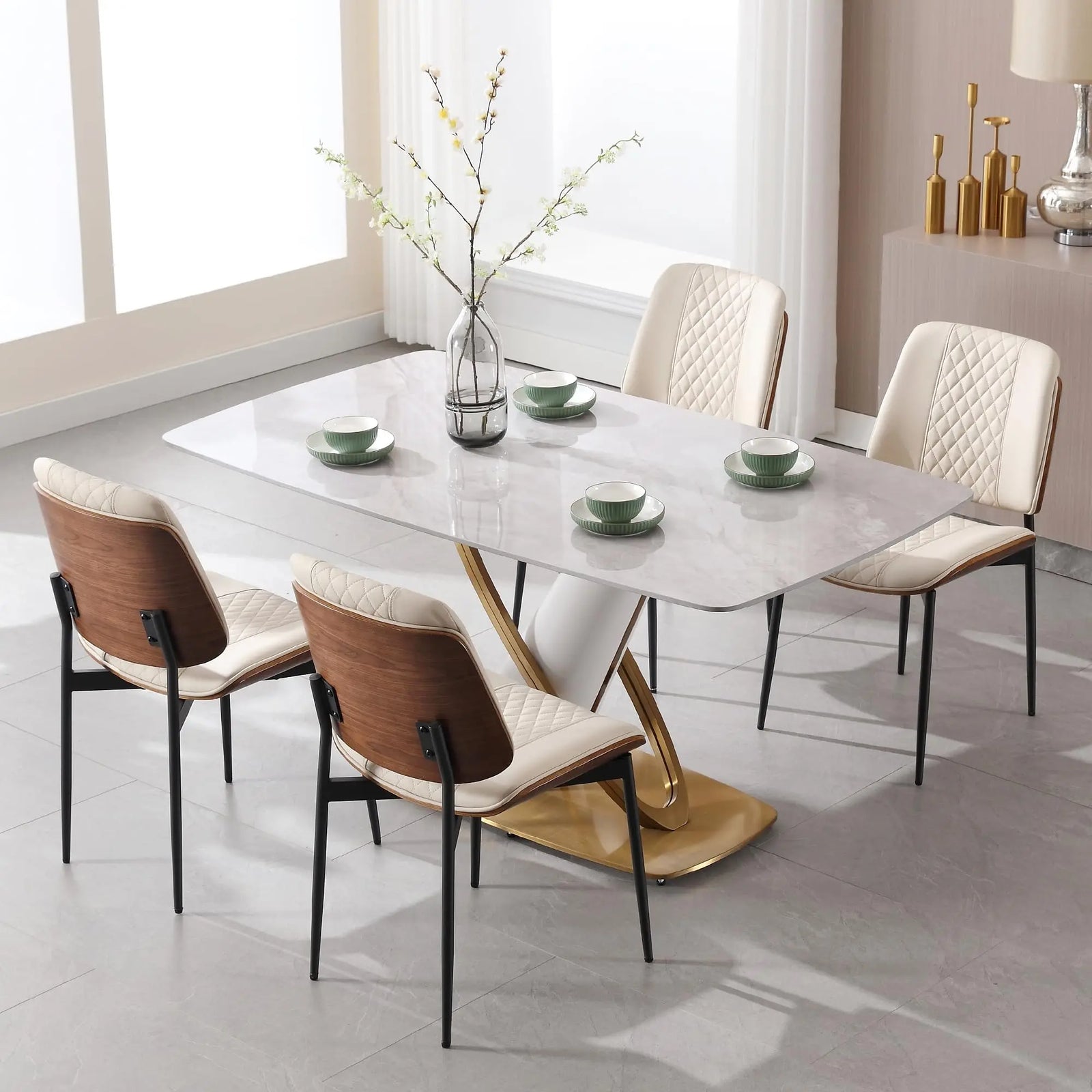 BV Dining Chairs Set of 4, Mid Century Modern PU Leather Metal Legs, Beige 