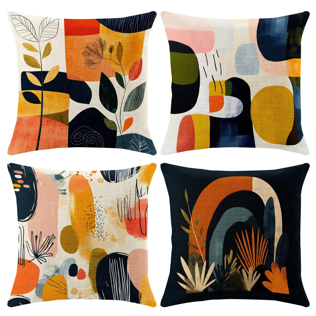 BVBOX Set of 4 Linen Throw Pillow Covers 18"x18", Soft Flax Scandinavian Abstract Boho Decorative Pillow Cases, Double-Sided Abstract Botanical Pillow Covers for Bed, Sofa, Couch, Living Room, Bedroom