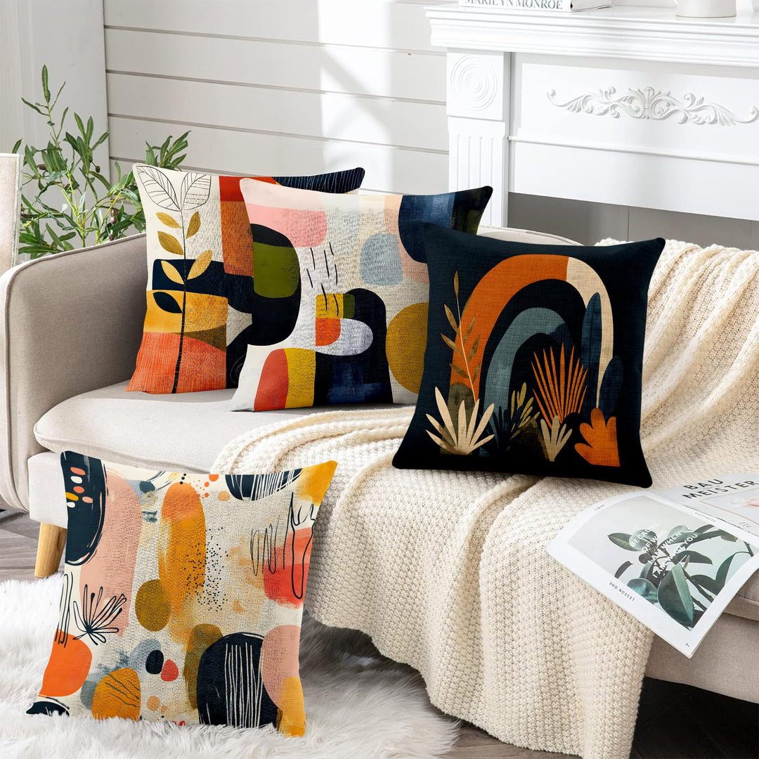 BVBOX Set of 4 Linen Throw Pillow Covers 18"x18", Soft Flax Scandinavian Abstract Boho Decorative Pillow Cases, Double-Sided Abstract Botanical Pillow Covers for Bed, Sofa, Couch, Living Room, Bedroom 
