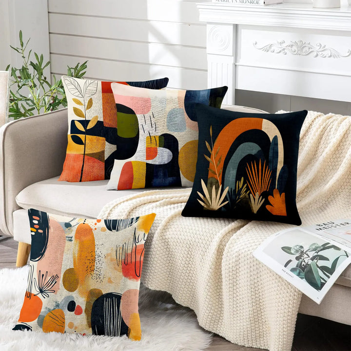 BVBOX Set of 4 Linen Throw Pillow Covers 18"x18", Soft Flax Scandinavian Abstract Boho Decorative Pillow Cases, Double-Sided Abstract Botanical Pillow Covers for Bed, Sofa, Couch, Living Room, Bedroom