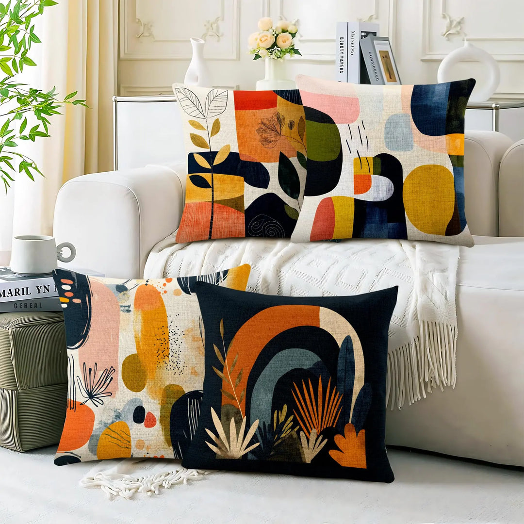 BVBOX Set of 4 Linen Throw Pillow Covers 18"x18", Soft Flax Scandinavian Abstract Boho Decorative Pillow Cases, Double-Sided Abstract Botanical Pillow Covers for Bed, Sofa, Couch, Living Room, Bedroom