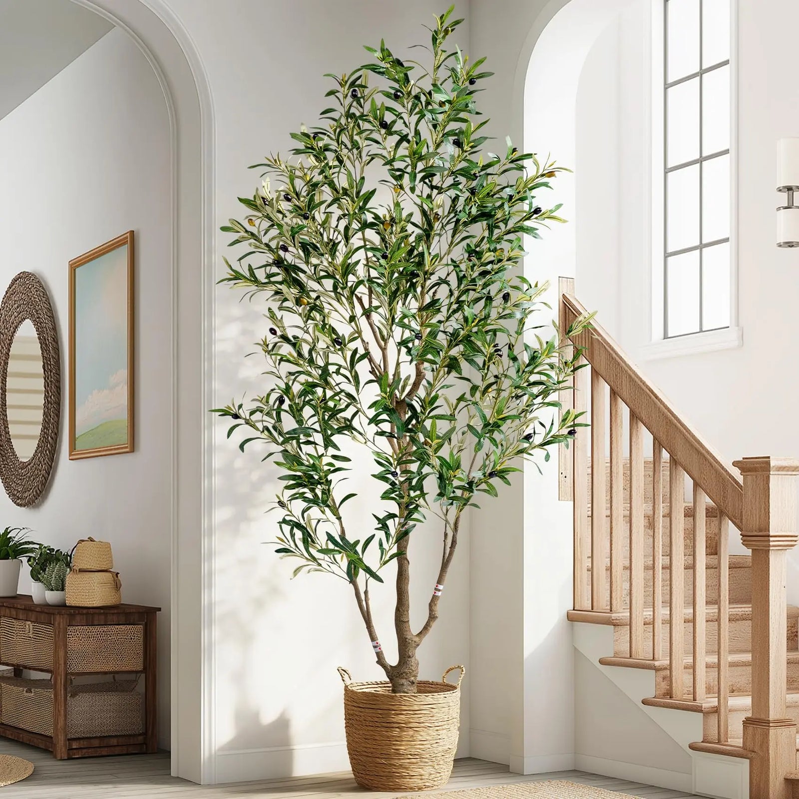 6ft Faux Olive Tree with White Pot & Moss, Artificial Olive Tree Indoor Outdoor, PE/PVC Leaves, Realistic Resin Trunk Large Fake Olive Tree Artificial Plants Indoor, Faux Plants Indoor for Home Decor 