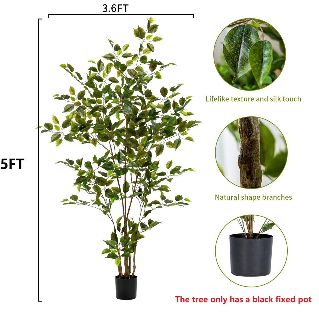 Bailikang Artificial Ficus Tree Indoor 5ft, Large Potted Faux Tree with Realistic Silk Leaves &amp; Trunk for Home Office, Living Room Corner Decor 
