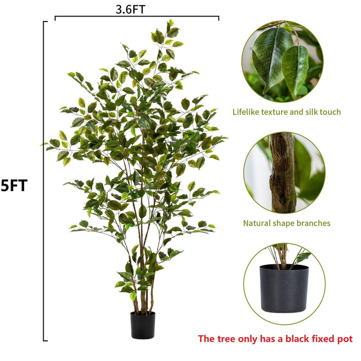Bailikang Artificial Ficus Tree Indoor 5ft, Large Potted Faux Tree with Realistic Silk Leaves &amp; Trunk for Home Office, Living Room Corner Decor 