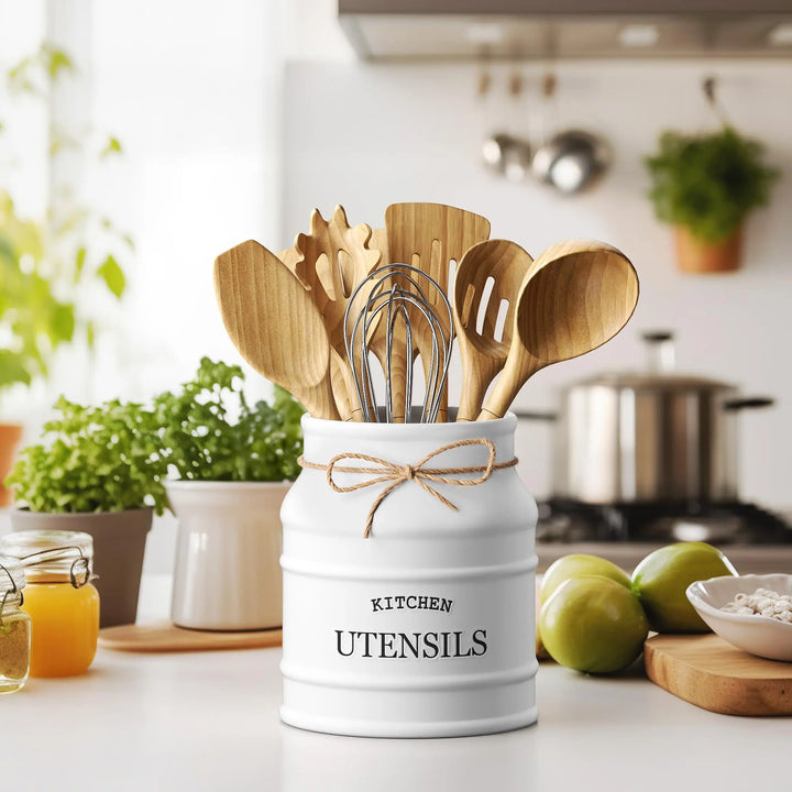 Barnyard Designs Ceramic Kitchen Utensil Holder, 6.75 Inch, White