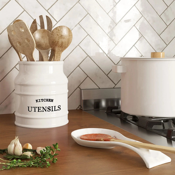 Barnyard Designs Ceramic Kitchen Utensil Holder, 6.75 Inch, White