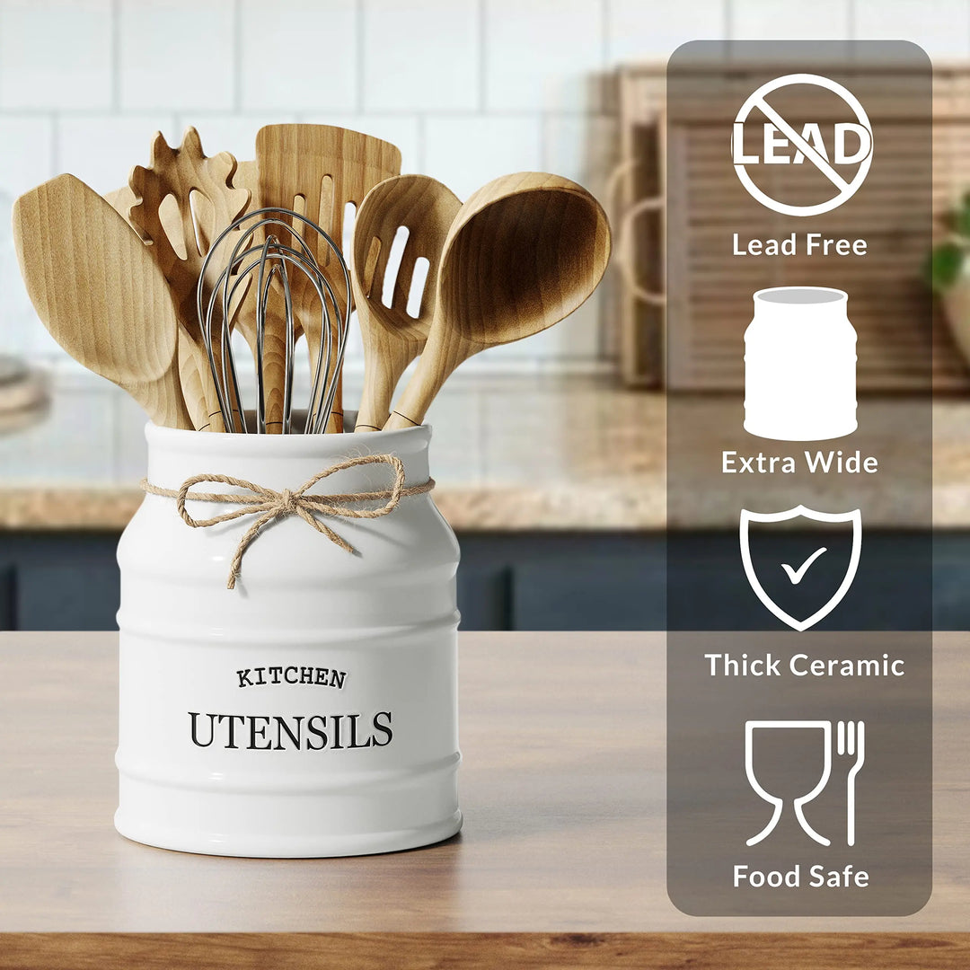 Barnyard Designs Ceramic Kitchen Utensil Holder, 6.75 Inch, White