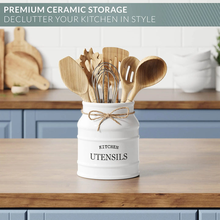 Barnyard Designs Ceramic Kitchen Utensil Holder, 6.75 Inch, White