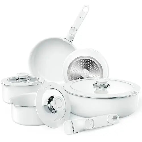 Bazova Cookware Set, Induction, Nonstick, Detachable Handles - White bazova