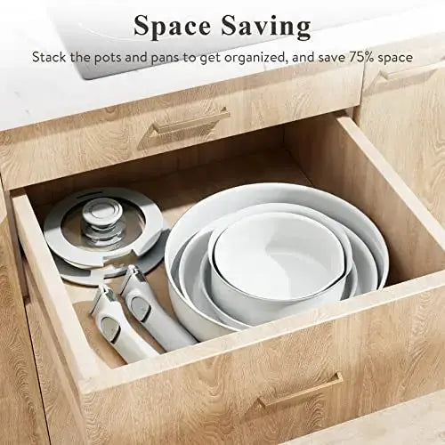 Bazova Cookware Set, Induction, Nonstick, Detachable Handles - White bazova