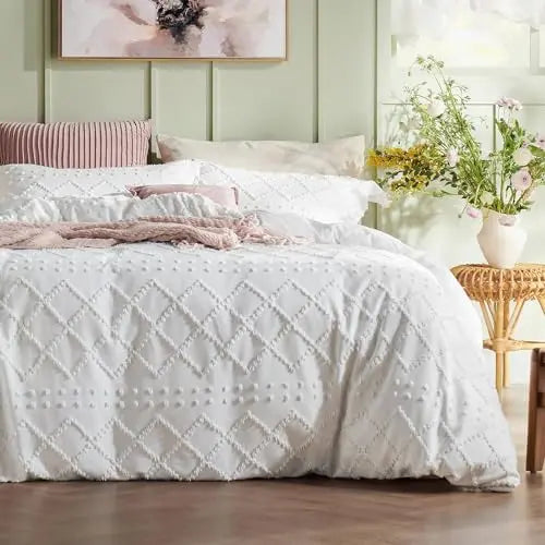 Bedsure Boho Duvet Cover Queen - Boho Bedding, Tufted Queen Duvet Cover for All Seasons, 3 Pieces Embroidery Shabby Chic Home Bedding Duvet Cover (White, Queen, 90x90) 
