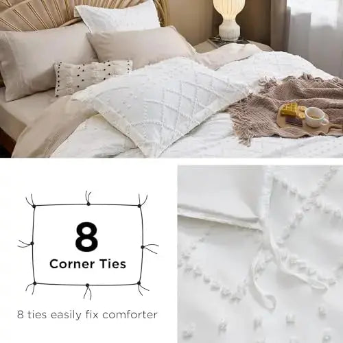 Bedsure Boho Duvet Cover Queen - Boho Bedding, Tufted Queen Duvet Cover for All Seasons, 3 Pieces Embroidery Shabby Chic Home Bedding Duvet Cover (White, Queen, 90x90) 