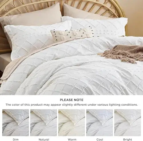 Bedsure Boho Duvet Cover Queen - Boho Bedding, Tufted Queen Duvet Cover for All Seasons, 3 Pieces Embroidery Shabby Chic Home Bedding Duvet Cover (White, Queen, 90x90) 