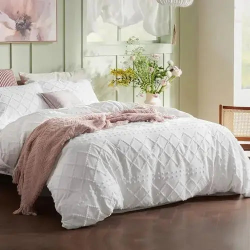 Bedsure Boho Duvet Cover Queen - Boho Bedding, Tufted Queen Duvet Cover for All Seasons, 3 Pieces Embroidery Shabby Chic Home Bedding Duvet Cover (White, Queen, 90x90) 