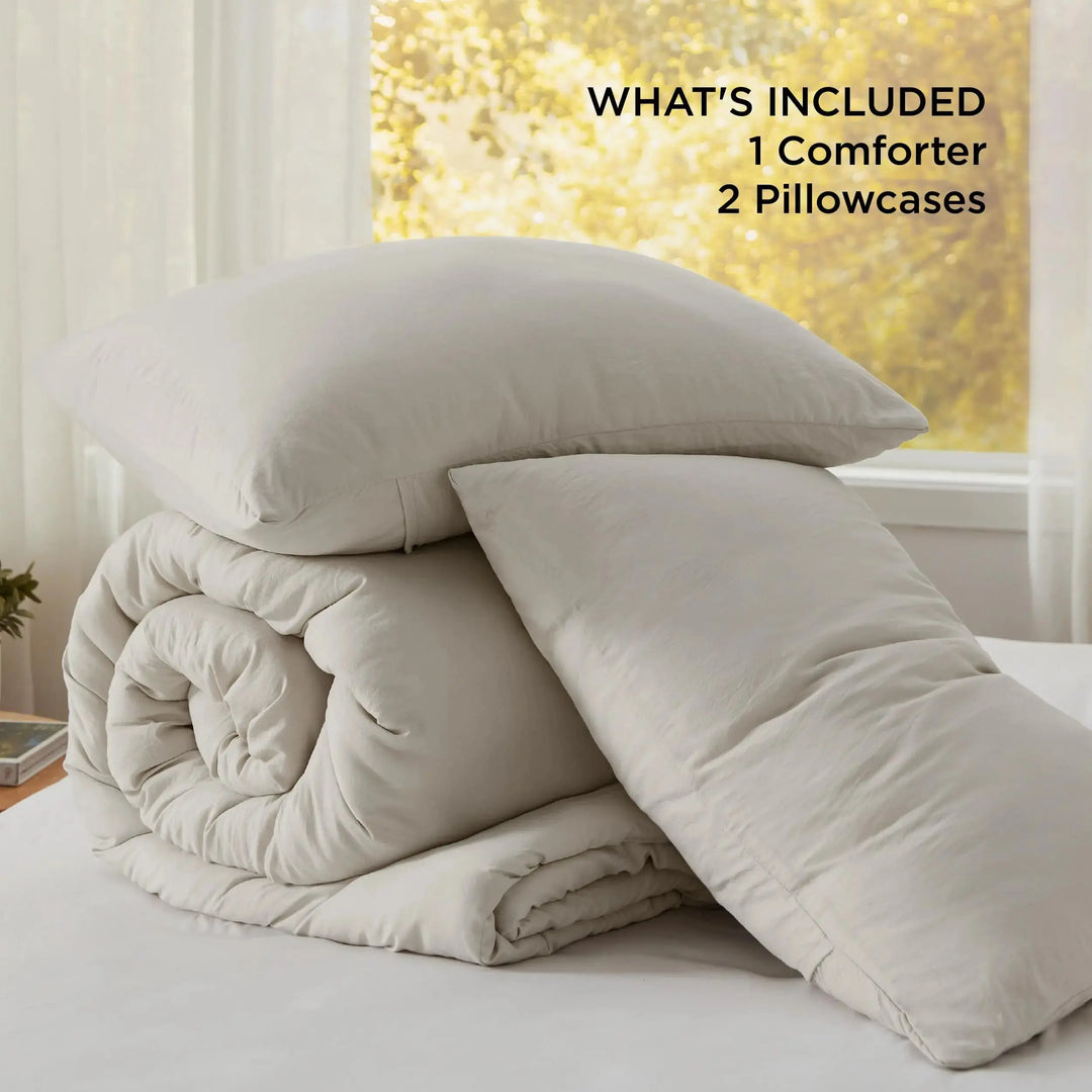 Bedsure Queen Size Comforter Sets, Beige Soft Prewashed Bed Comforter for All Seasons, 3 Pieces Warm Bedding Sets, 1 Lightweight Comforter (90"x90") and 2 Pillowcases (20"x26") 