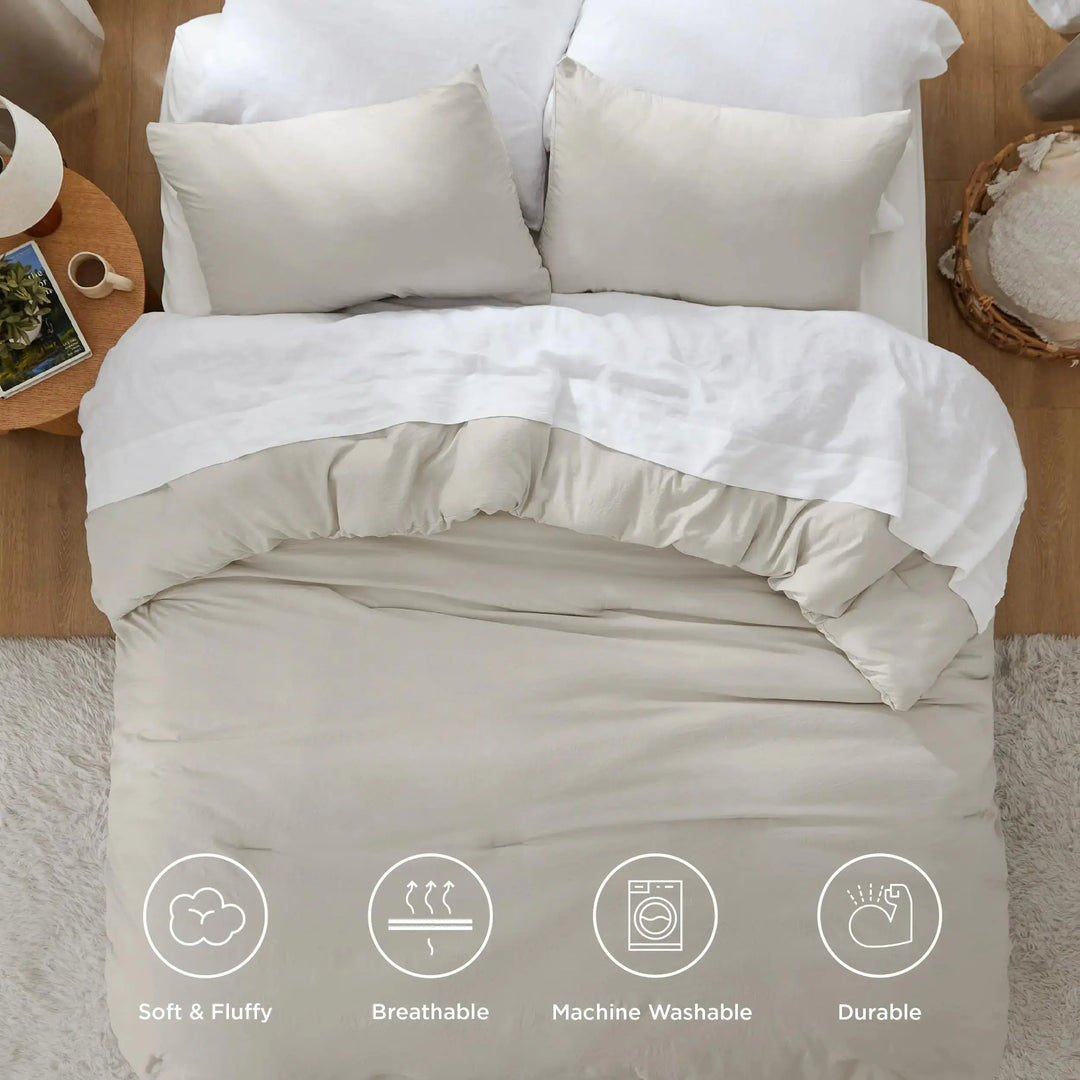 Bedsure Queen Size Comforter Sets, Beige Soft Prewashed Bed Comforter for All Seasons, 3 Pieces Warm Bedding Sets, 1 Lightweight Comforter (90"x90") and 2 Pillowcases (20"x26") 