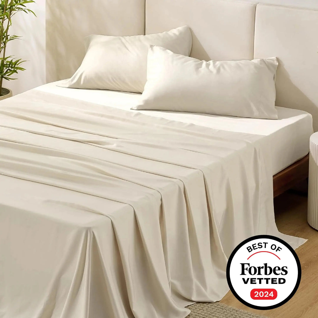 Bedsure Queen Sheets, Rayon Derived from Bamboo, Queen Cooling Sheet Set, Deep Pocket Up to 16", Breathable & Soft Bed Sheets, Hotel Luxury Silky Bedding Sheets & Pillowcases, Light Beige 