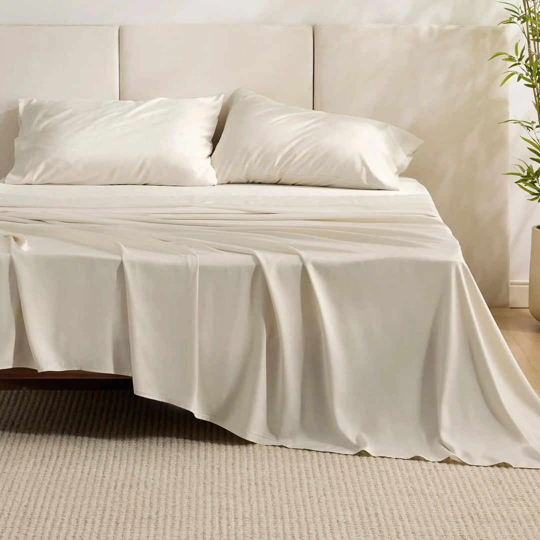 Bedsure Queen Sheets, Rayon Derived from Bamboo, Queen Cooling Sheet Set, Deep Pocket Up to 16", Breathable & Soft Bed Sheets, Hotel Luxury Silky Bedding Sheets & Pillowcases, Light Beige 