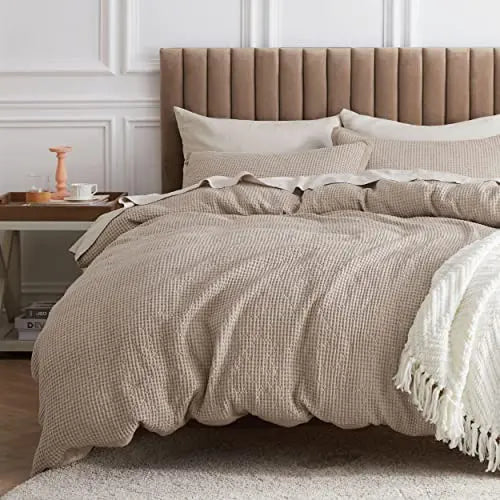 Bedsure Cotton Duvet Cover Queen - 100% Cotton Waffle Weave Khaki Duvet Cover Queen Size, Soft and Breathable Queen Tan Duvet Cover Set for All Season (Queen, 90"x90") 