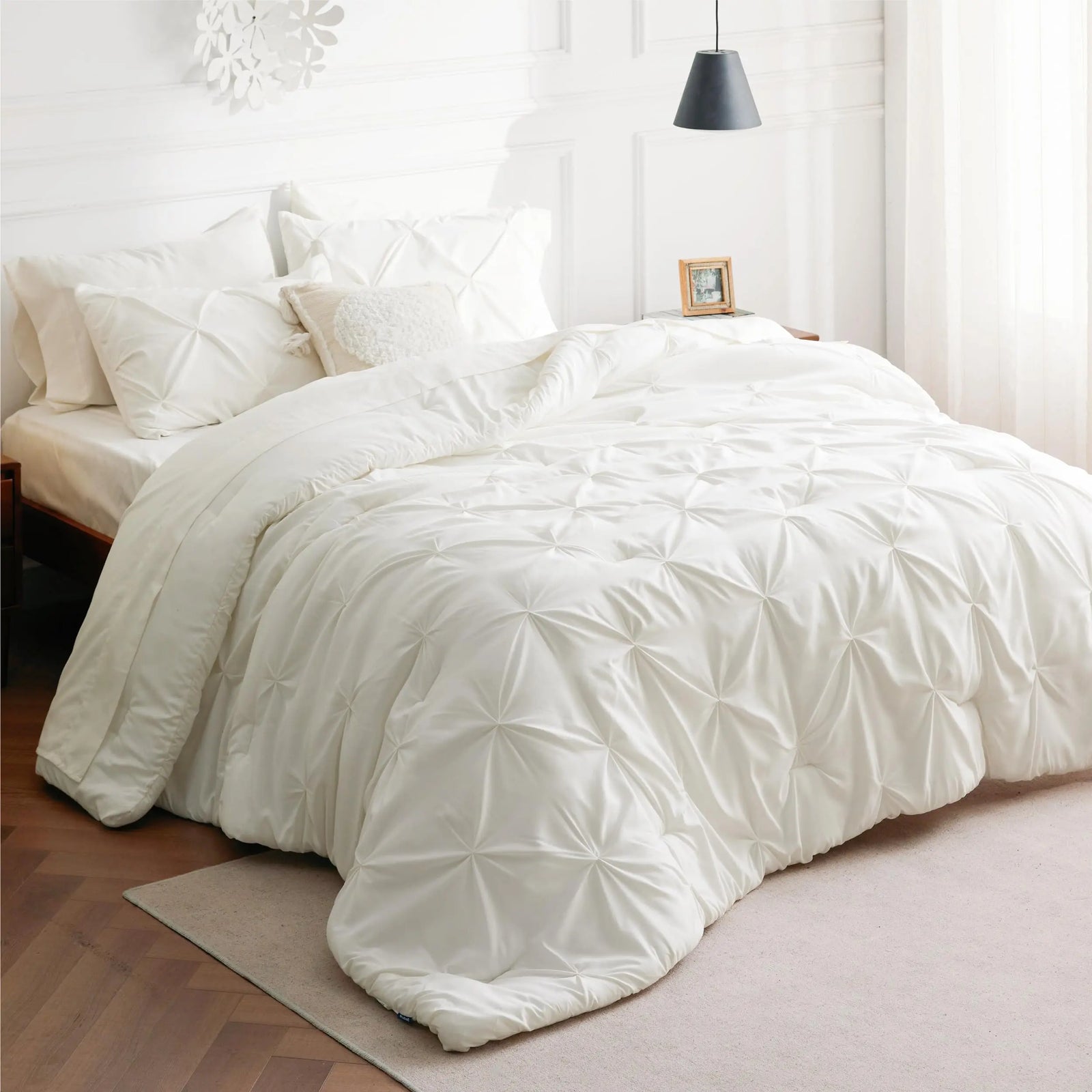 Bedsure King Size Comforter Set - Bedding Set King 7 Pieces, Pintuck Bed in a Bag Ivory Bed Set with Comforter, Sheets, Pillowcases & Shams 