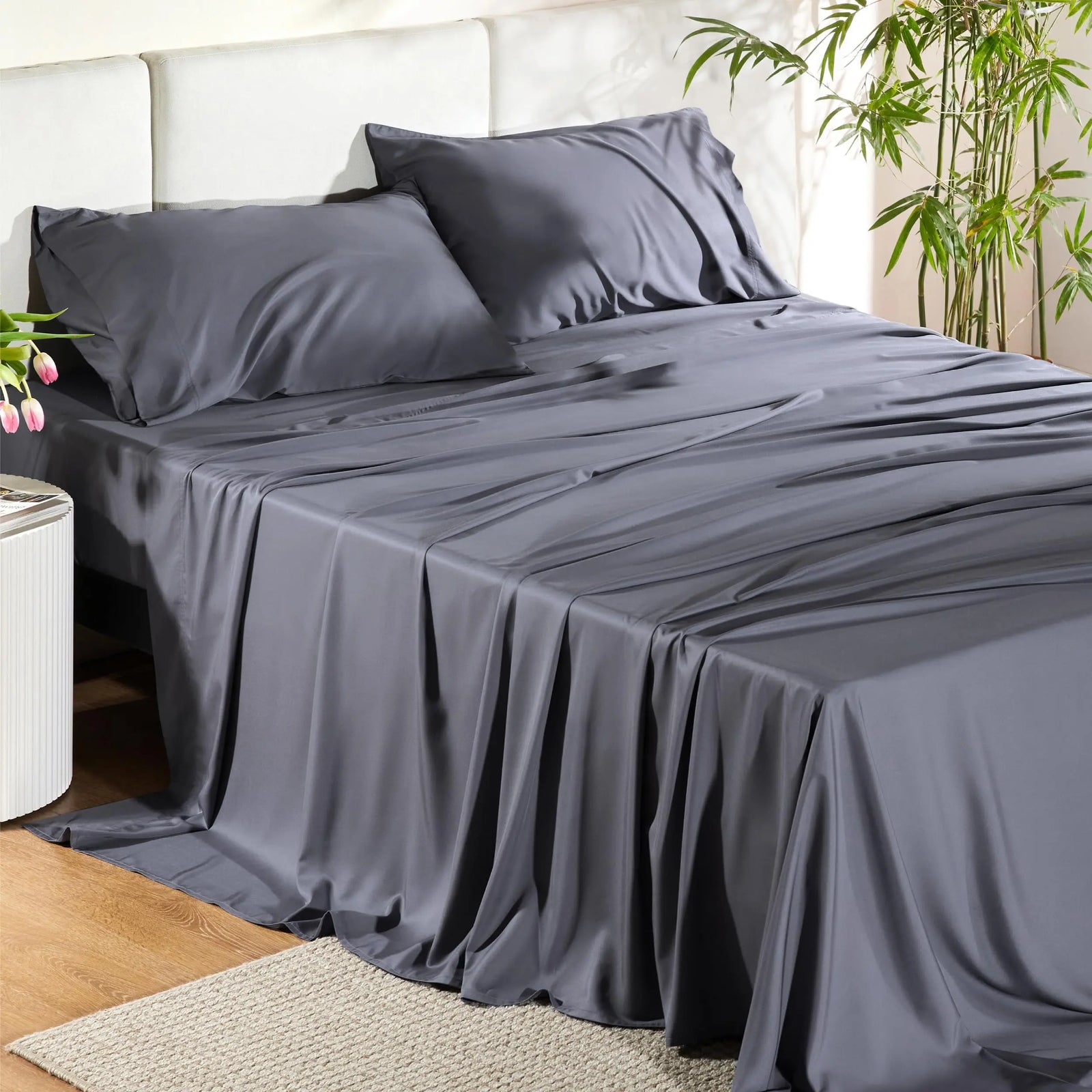 Bedsure Queen Sheet Set, Cooling Sheets for Queen Size Bed Set, Rayon Derived from Bamboo, Breathable & Soft Deep Pocket Up to 16", Hotel Luxury Silky Bedding Sheets & Pillowcases, Dark Grey 