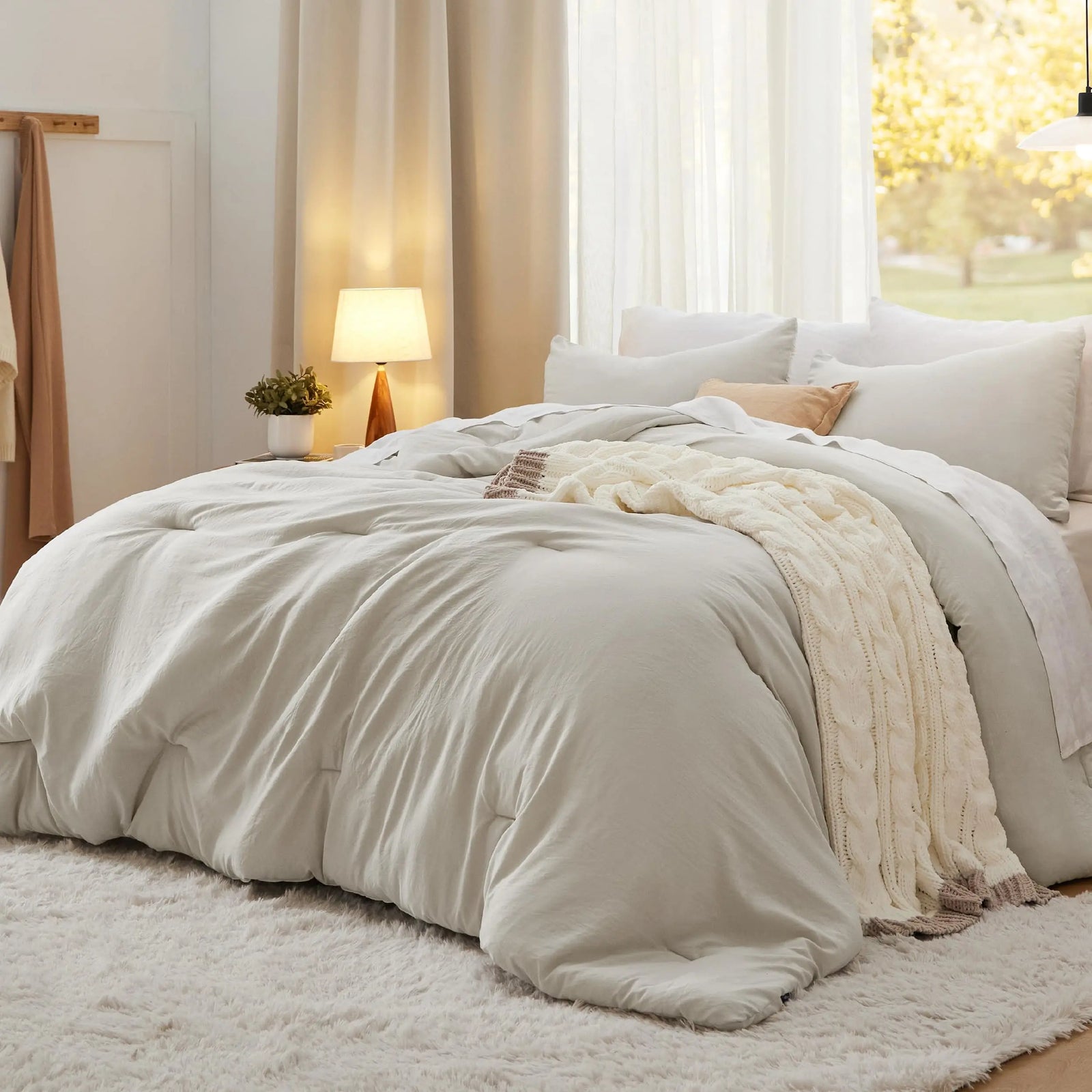 Bedsure Queen Size Comforter Sets, Beige Soft Prewashed Bed Comforter for All Seasons, 3 Pieces Warm Bedding Sets, 1 Lightweight Comforter (90"x90") and 2 Pillowcases (20"x26") 