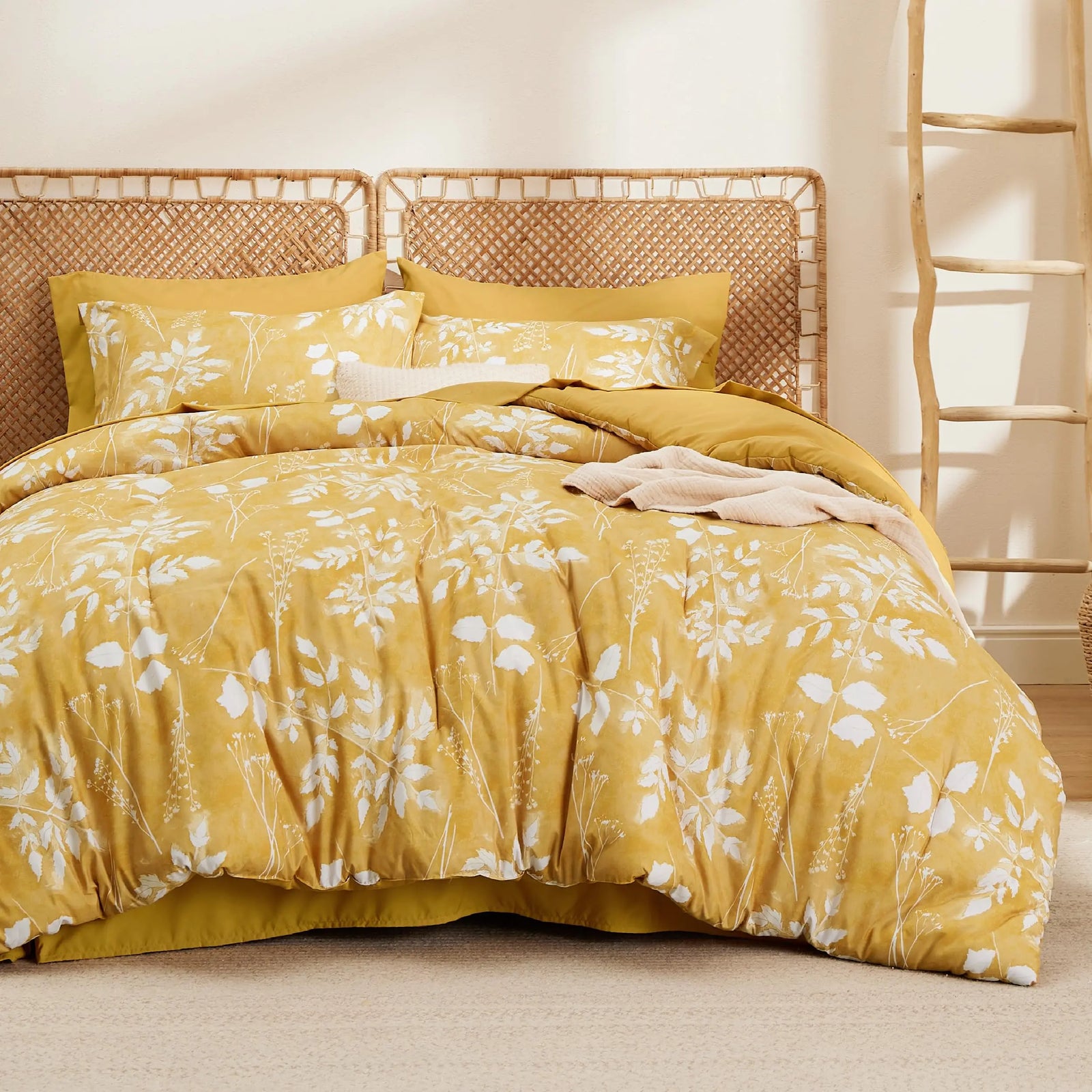 Bedsure Yellow King Comforter Set - 7 Pieces Floral Bedding Sets King Bed in a Bag with Reversible Botanical Flowers Comforter, Sheets, Pillowcases & Shams 