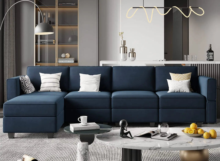 Belffin Modular Sectional Sofa with Reversible Chaise, Velvet L-Shaped Storage 4-seat - Blue 