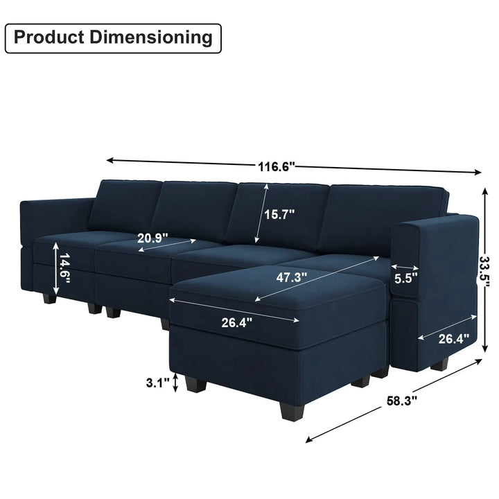 Belffin Modular Sectional Sofa with Reversible Chaise, Velvet L-Shaped Storage 4-seat - Blue 