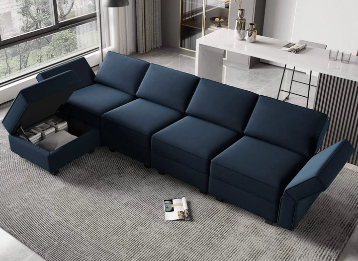 Belffin Modular Sectional Sofa with Reversible Chaise, Velvet L-Shaped Storage 4-seat - Blue 