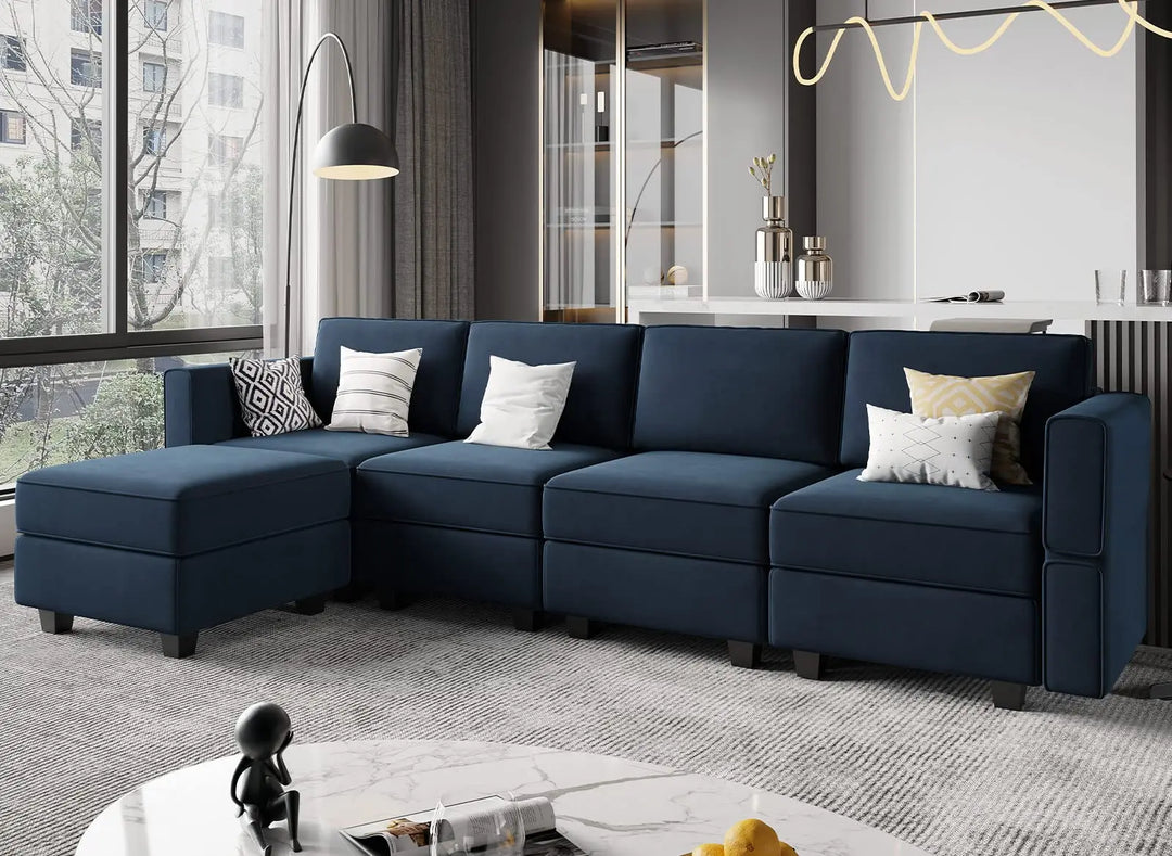 Belffin Modular Sectional Sofa with Reversible Chaise, Velvet L-Shaped Storage 4-seat - Blue 