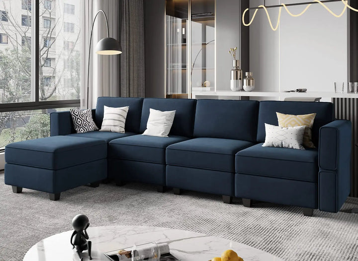Belffin Modular Sectional Sofa with Reversible Chaise, Velvet L-Shaped Storage 4-seat - Blue 