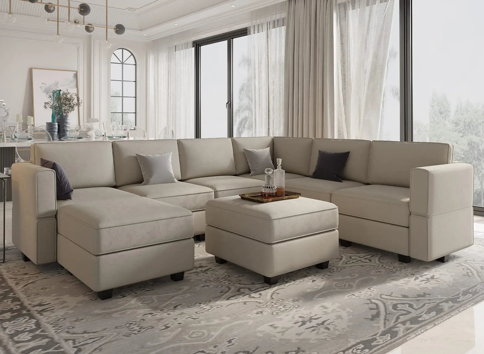Belffin Modular Sectional Sofa with Storage Seat, Oversized U-Shaped Couch with Reversible Chaise with Ottoman - Velvet Grey 