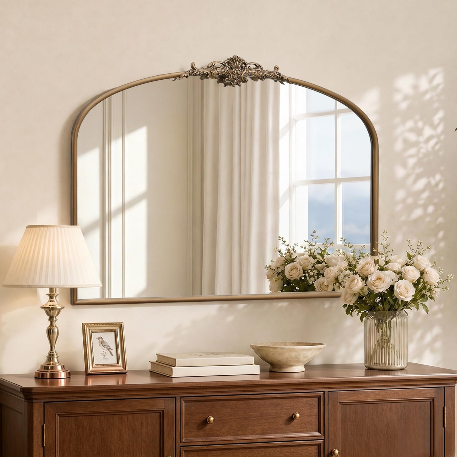 Besdomus Vintage Arched Gold Mirror, 40"x29" Brass Antique 