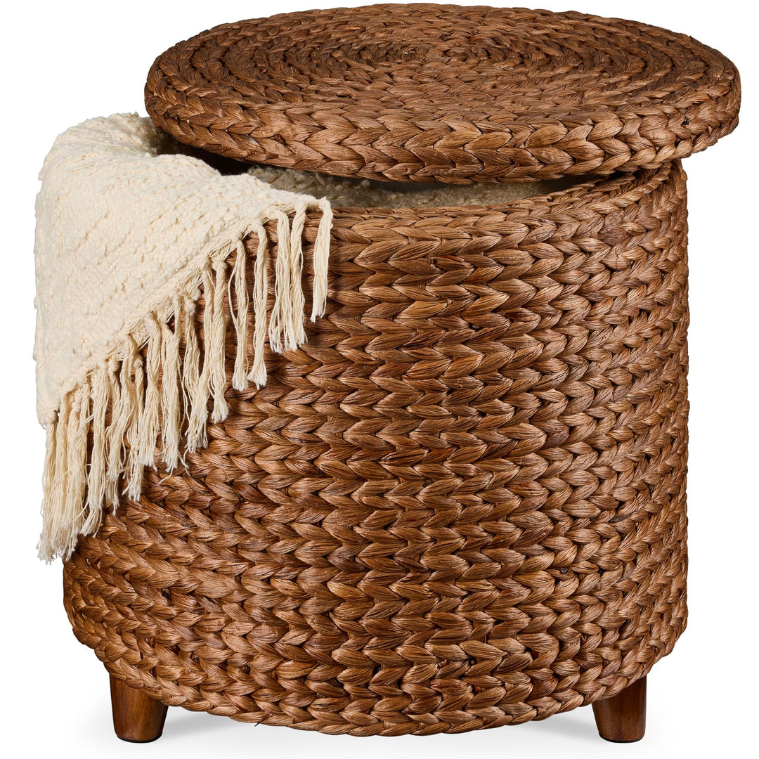Best Choice Products 17" Round Storage Ottoman W/Lid, Handwoven Water Hyacinth Footstool, Footrest w/Wooden Legs, Accent Side Table, Storage Container, Plant Stand - Chestnut 