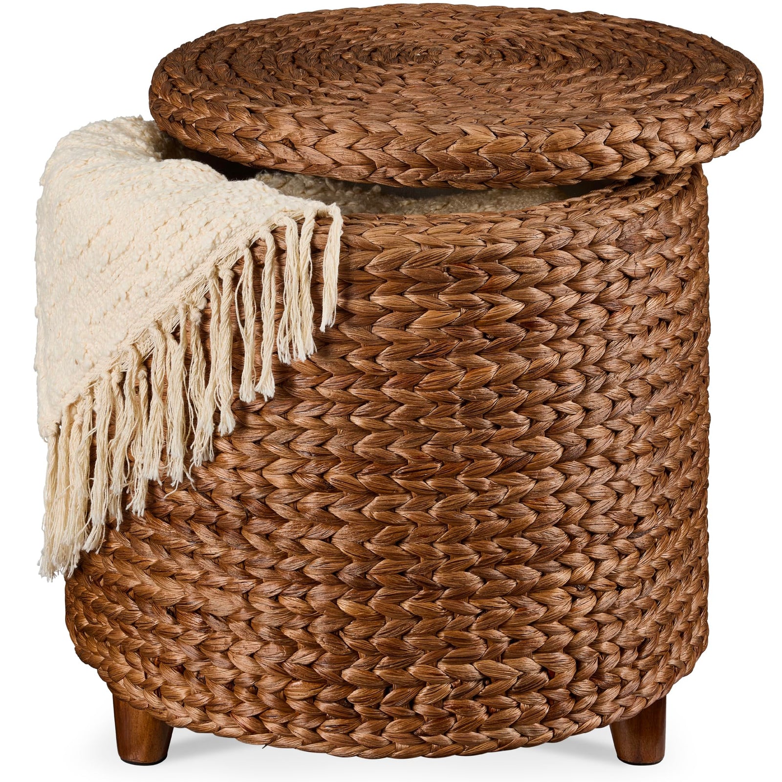 Best Choice Products 17" Round Storage Ottoman W/Lid, Handwoven Water Hyacinth Footstool, Footrest w/Wooden Legs, Accent Side Table, Storage Container, Plant Stand - Chestnut 