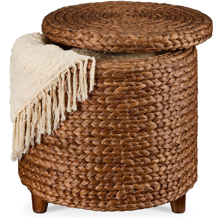 Best Choice Products 17" Round Storage Ottoman W/Lid, Handwoven Water Hyacinth Footstool, Footrest w/Wooden Legs, Accent Side Table, Storage Container, Plant Stand - Chestnut 