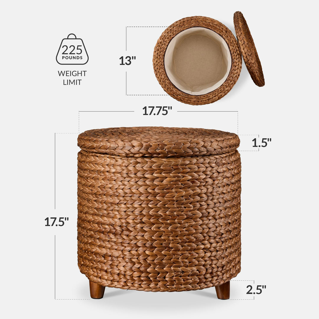 Best Choice Products 17" Round Storage Ottoman W/Lid, Handwoven Water Hyacinth Footstool, Footrest w/Wooden Legs, Accent Side Table, Storage Container, Plant Stand - Chestnut 