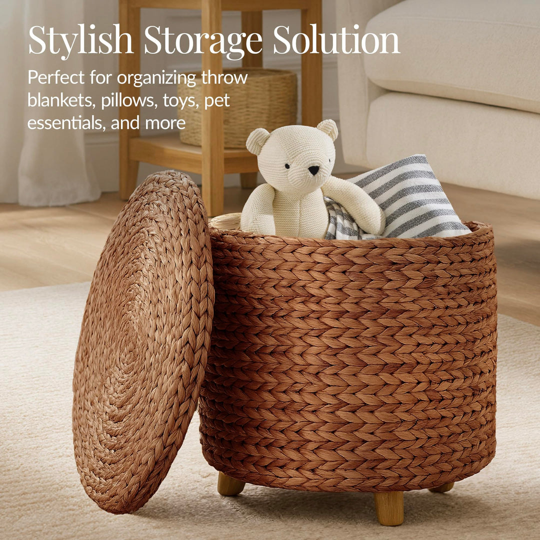 Best Choice Products 17" Round Storage Ottoman W/Lid, Handwoven Water Hyacinth Footstool, Footrest w/Wooden Legs, Accent Side Table, Storage Container, Plant Stand - Chestnut 