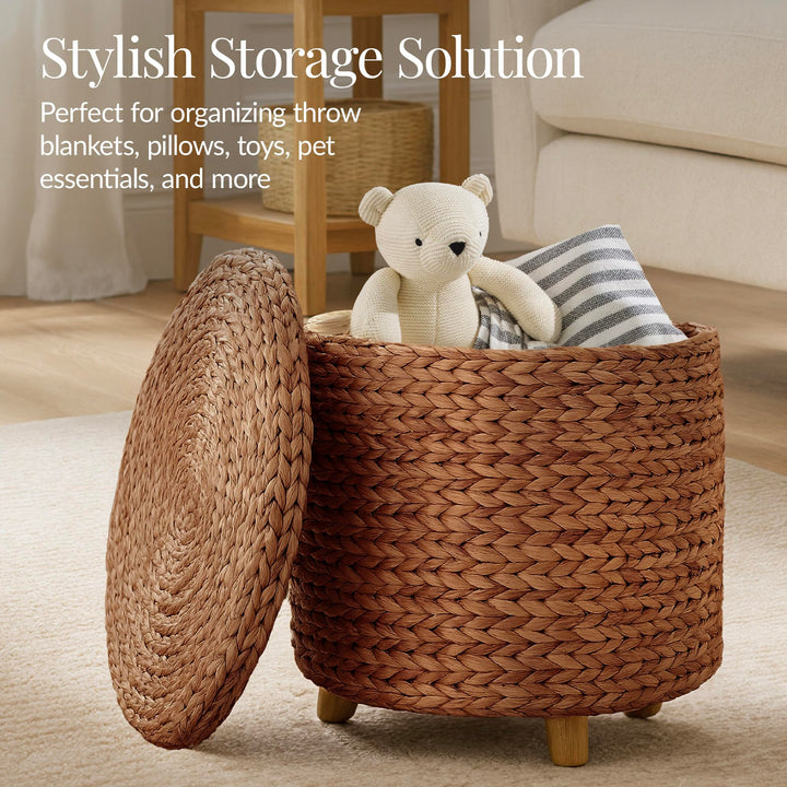 Best Choice Products 17" Round Storage Ottoman W/Lid, Handwoven Water Hyacinth Footstool, Footrest w/Wooden Legs, Accent Side Table, Storage Container, Plant Stand - Chestnut 