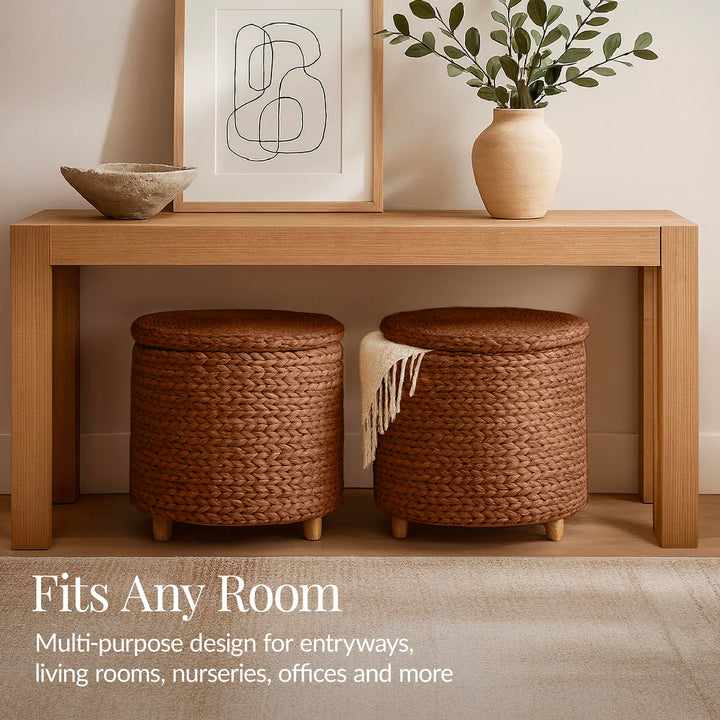 Best Choice Products 17" Round Storage Ottoman W/Lid, Handwoven Water Hyacinth Footstool, Footrest w/Wooden Legs, Accent Side Table, Storage Container, Plant Stand - Chestnut 