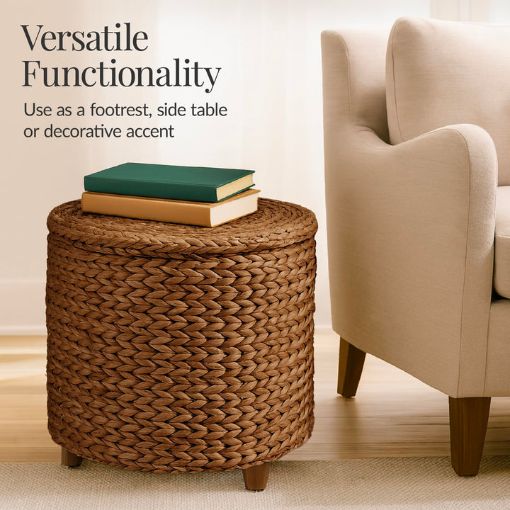 Best Choice Products 17" Round Storage Ottoman W/Lid, Handwoven Water Hyacinth Footstool, Footrest w/Wooden Legs, Accent Side Table, Storage Container, Plant Stand - Chestnut 
