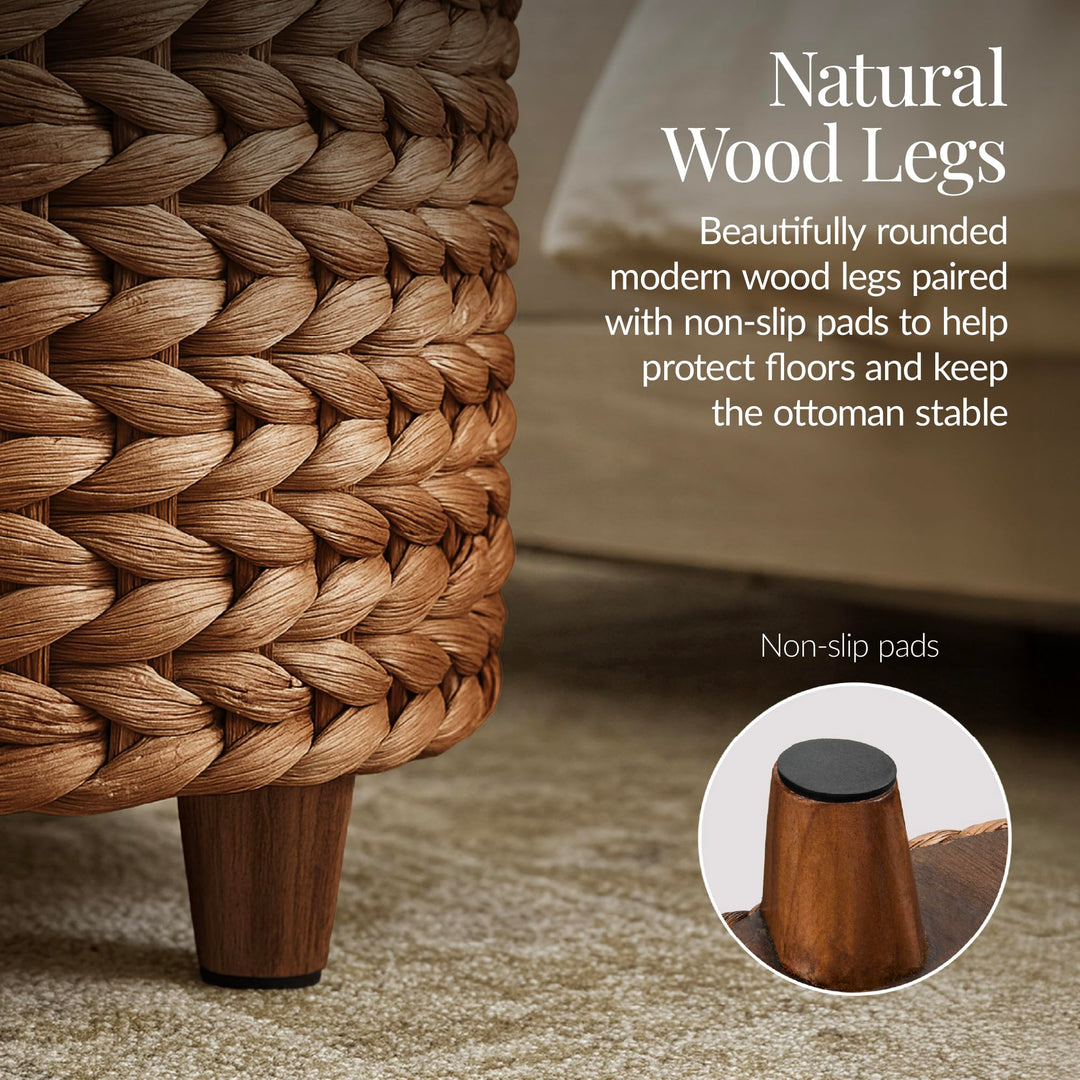 Best Choice Products 17" Round Storage Ottoman W/Lid, Handwoven Water Hyacinth Footstool, Footrest w/Wooden Legs, Accent Side Table, Storage Container, Plant Stand - Chestnut 