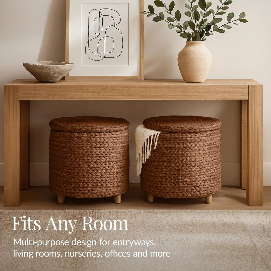 Best Choice Products 17" Round Storage Ottoman W/Lid, Handwoven Water Hyacinth Footstool, Footrest w/Wooden Legs, Accent Side Table, Storage Container, Plant Stand - Chestnut 