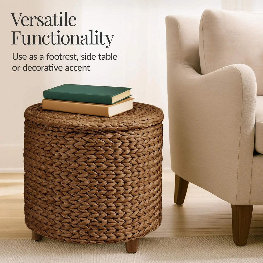 Best Choice Products 17" Round Storage Ottoman W/Lid, Handwoven Water Hyacinth Footstool, Footrest w/Wooden Legs, Accent Side Table, Storage Container, Plant Stand - Chestnut 