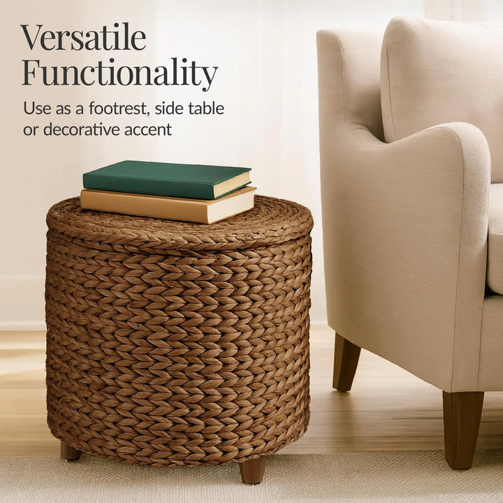 Best Choice Products 17" Round Storage Ottoman W/Lid, Handwoven Water Hyacinth Footstool, Footrest w/Wooden Legs, Accent Side Table, Storage Container, Plant Stand - Chestnut 
