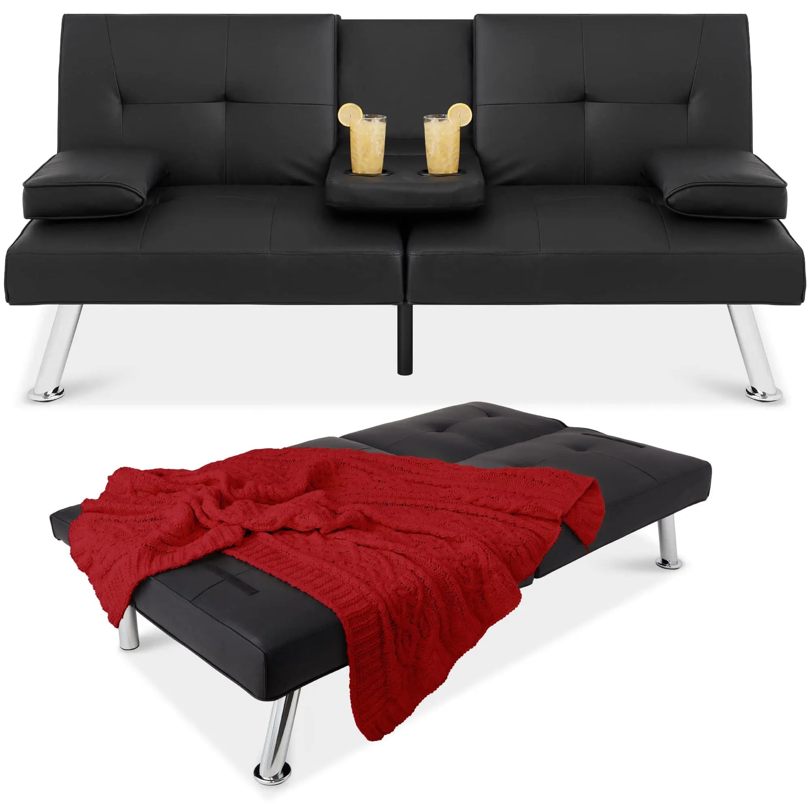 Best Choice Products Faux Leather Futon, Upholstered Convertible Futon w/Removable Armrests - Black 